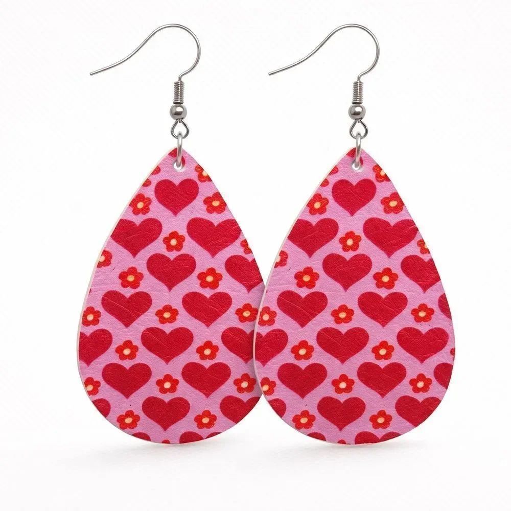 3For$20 Heart Red Patterned Teardrop Earrings NEW